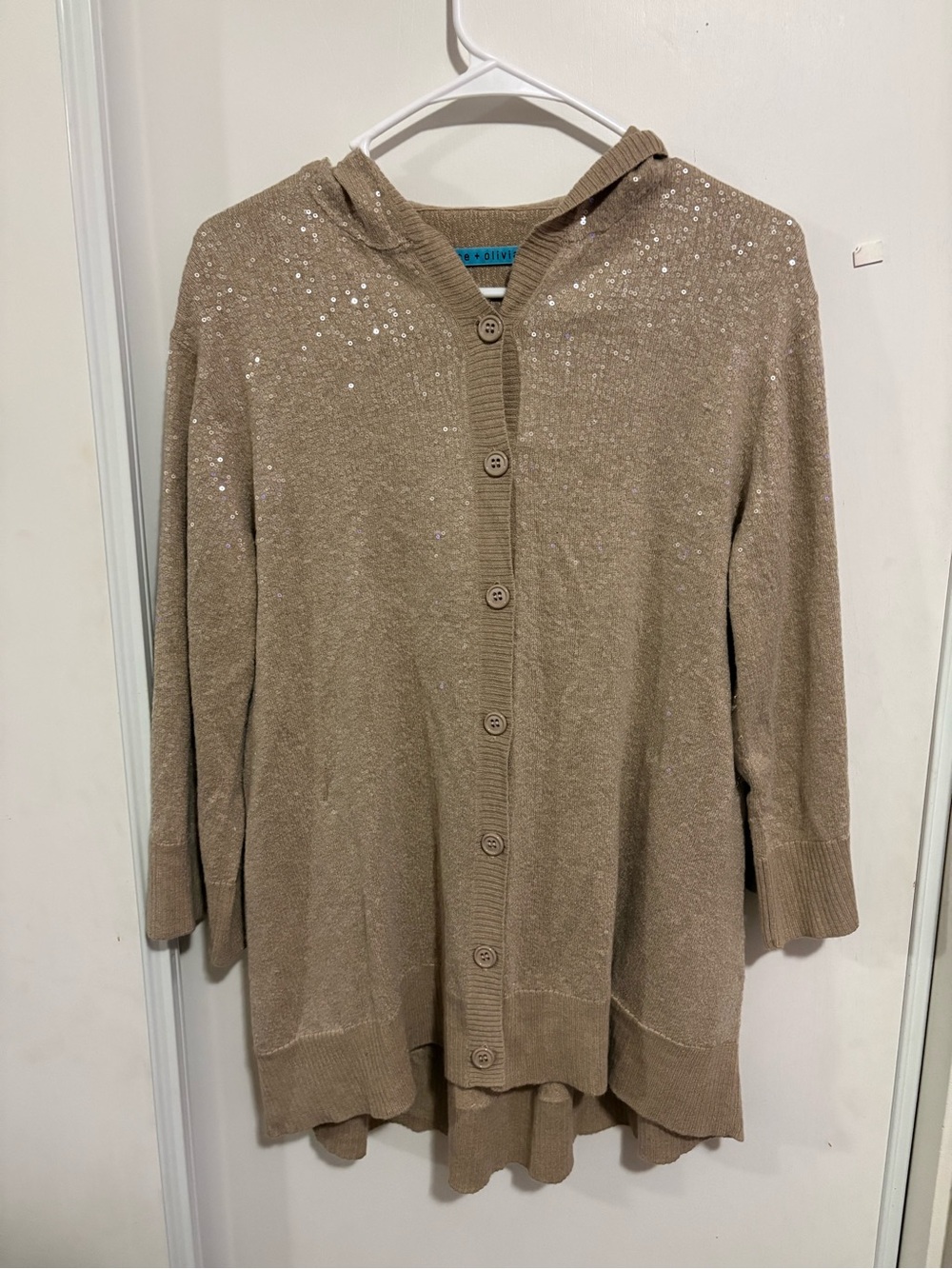 EUC! Alice + Olivia Shimmery Beige Metallic Sequin Hood Cardigan Size M $375